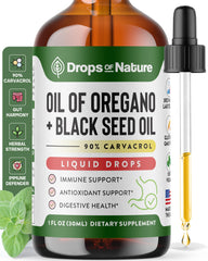 Drops Of Nature: botella de aceite de orégano con semilla negra para uso diario y bienestar general.