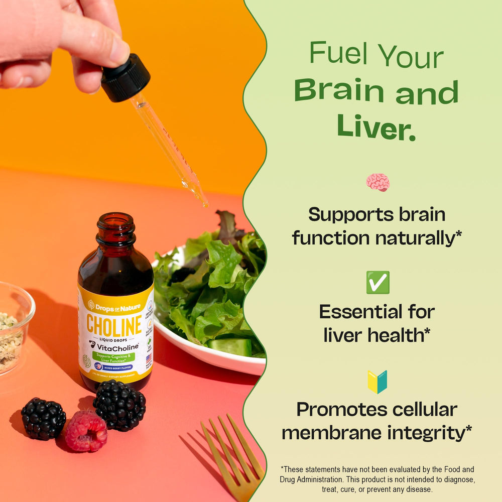 Drops Of Nature choline ingredients label highlights vegan, gluten-free formulation.