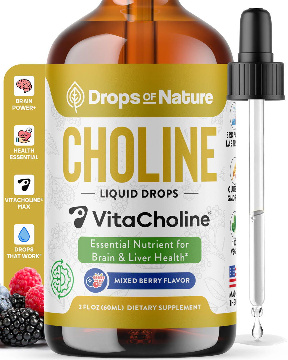 Drops Of Nature choline liquid bottle ready for daily brain support and vitality.