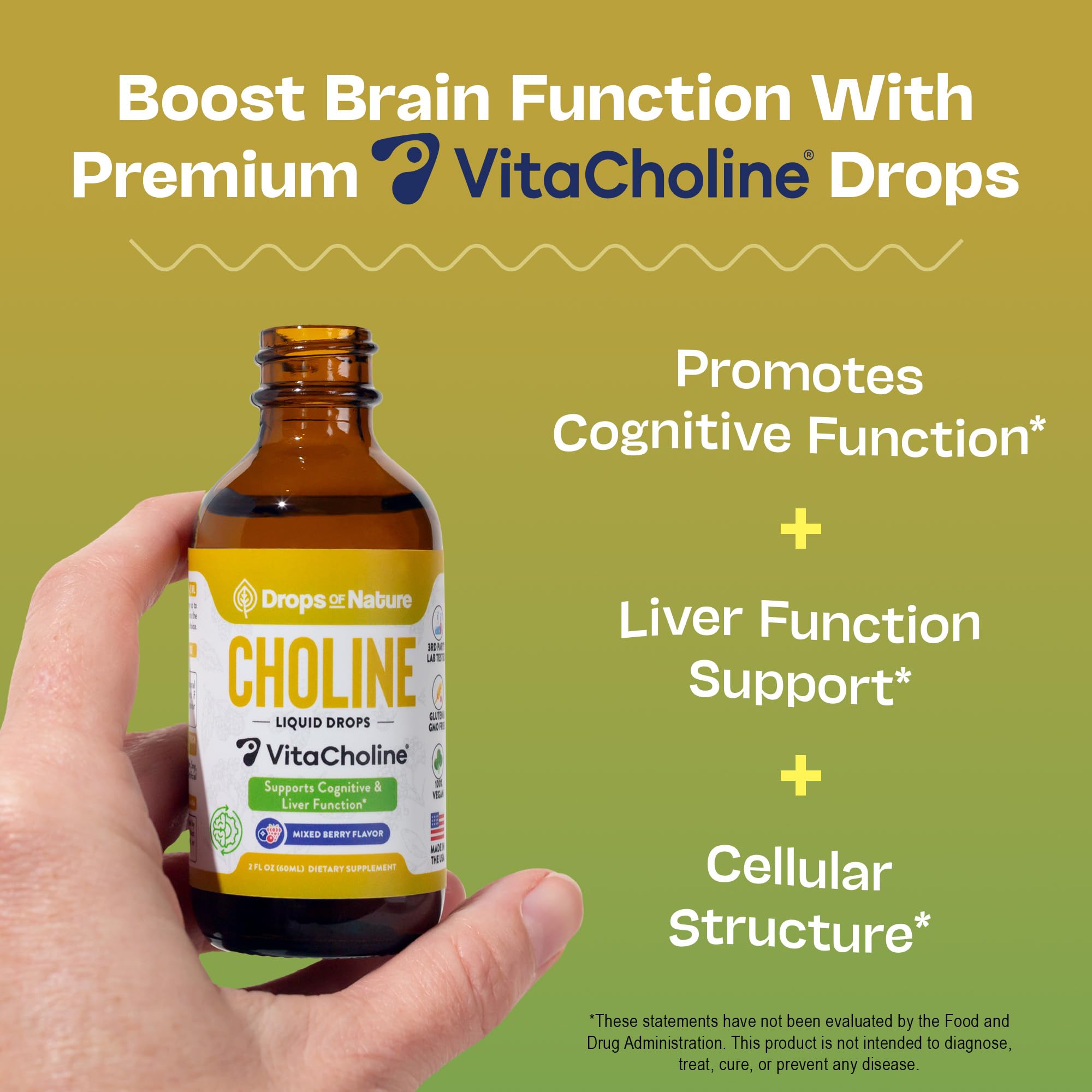 Drops Of Nature choline liquid pour showing quick absorption during busy days.