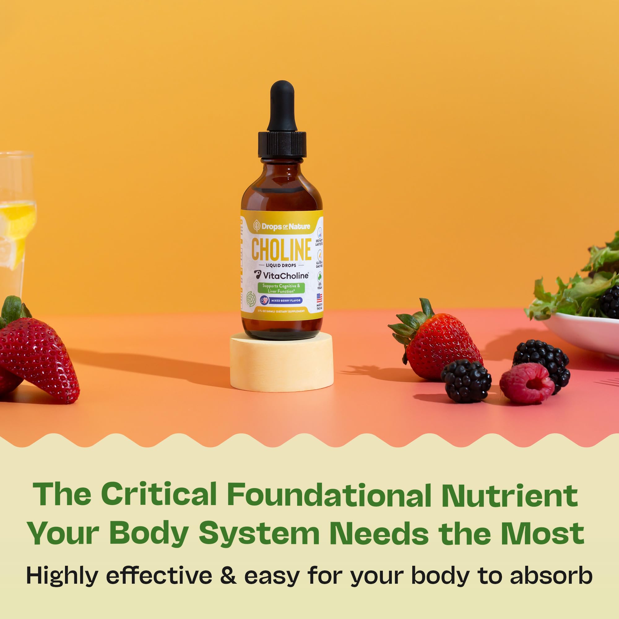 Drops Of Nature choline liver support visual for cellular health considerations.