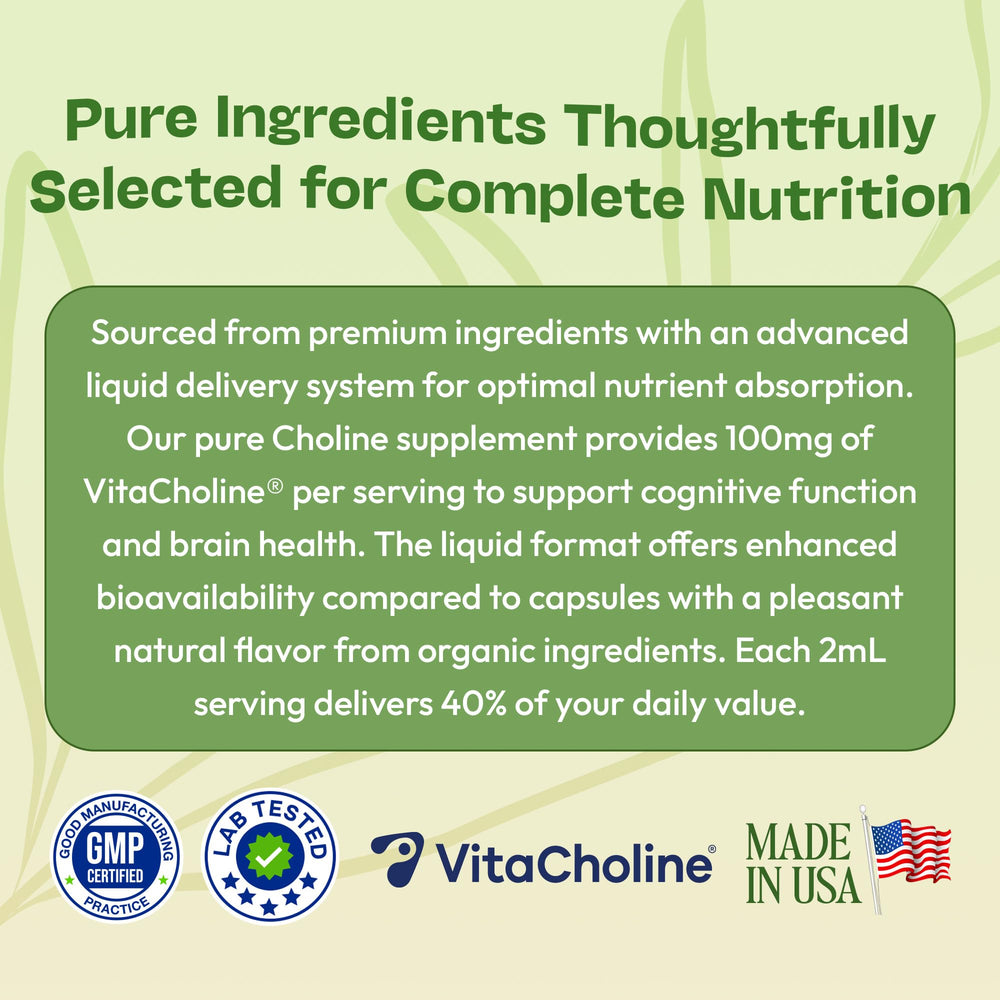 Drops Of Nature choline product made in USA emphasizing quality and testing.