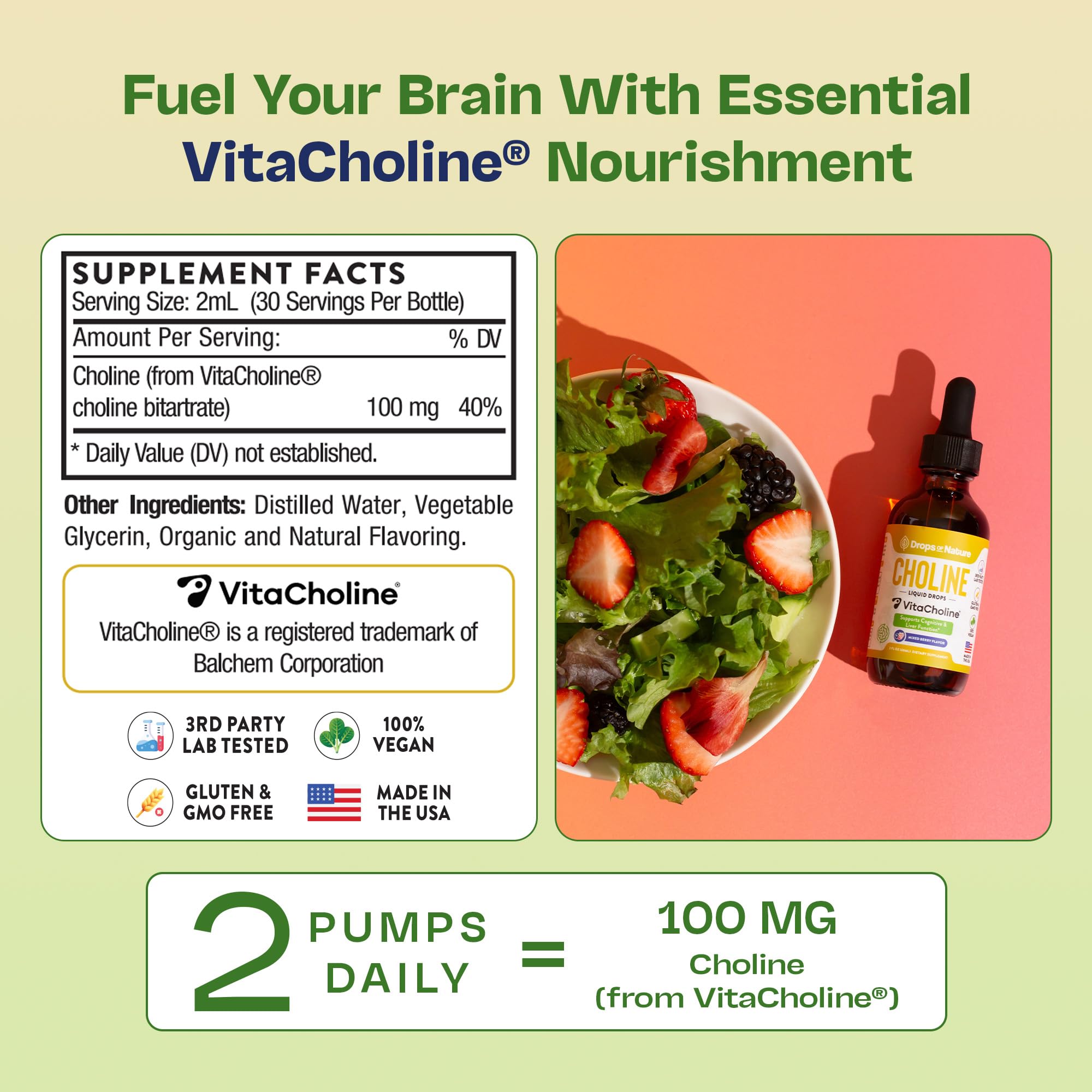 Drops Of Nature choline mixed berry flavor adds tasty, convenient daily supplementation.