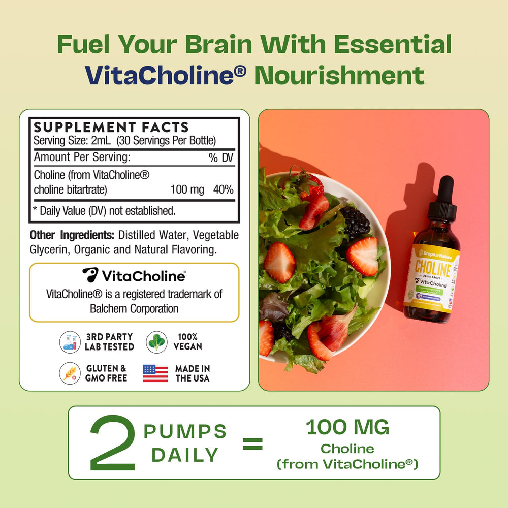Drops Of Nature choline mixed berry flavor adds tasty, convenient daily supplementation.