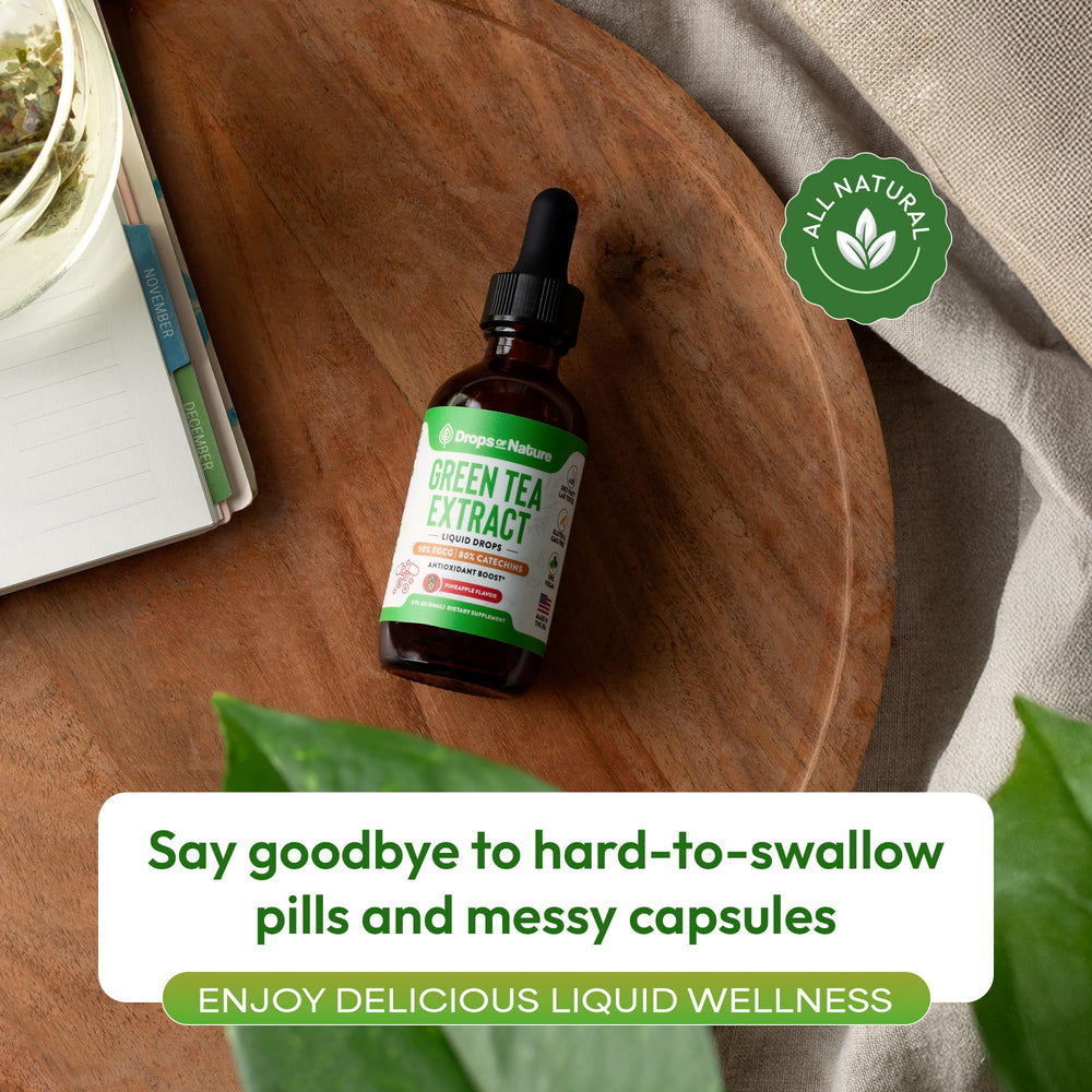 Drops Of Nature Green Tea Liquid Drops amber liquid hints at concentrated polyphenols