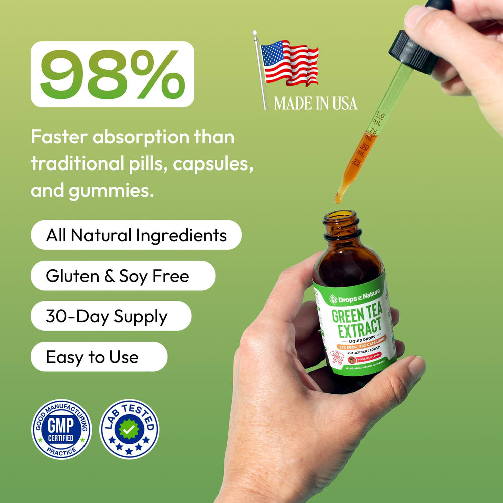 Drops Of Nature Green Tea Liquid Drops label highlights 50 percent EGCG and polyphenols