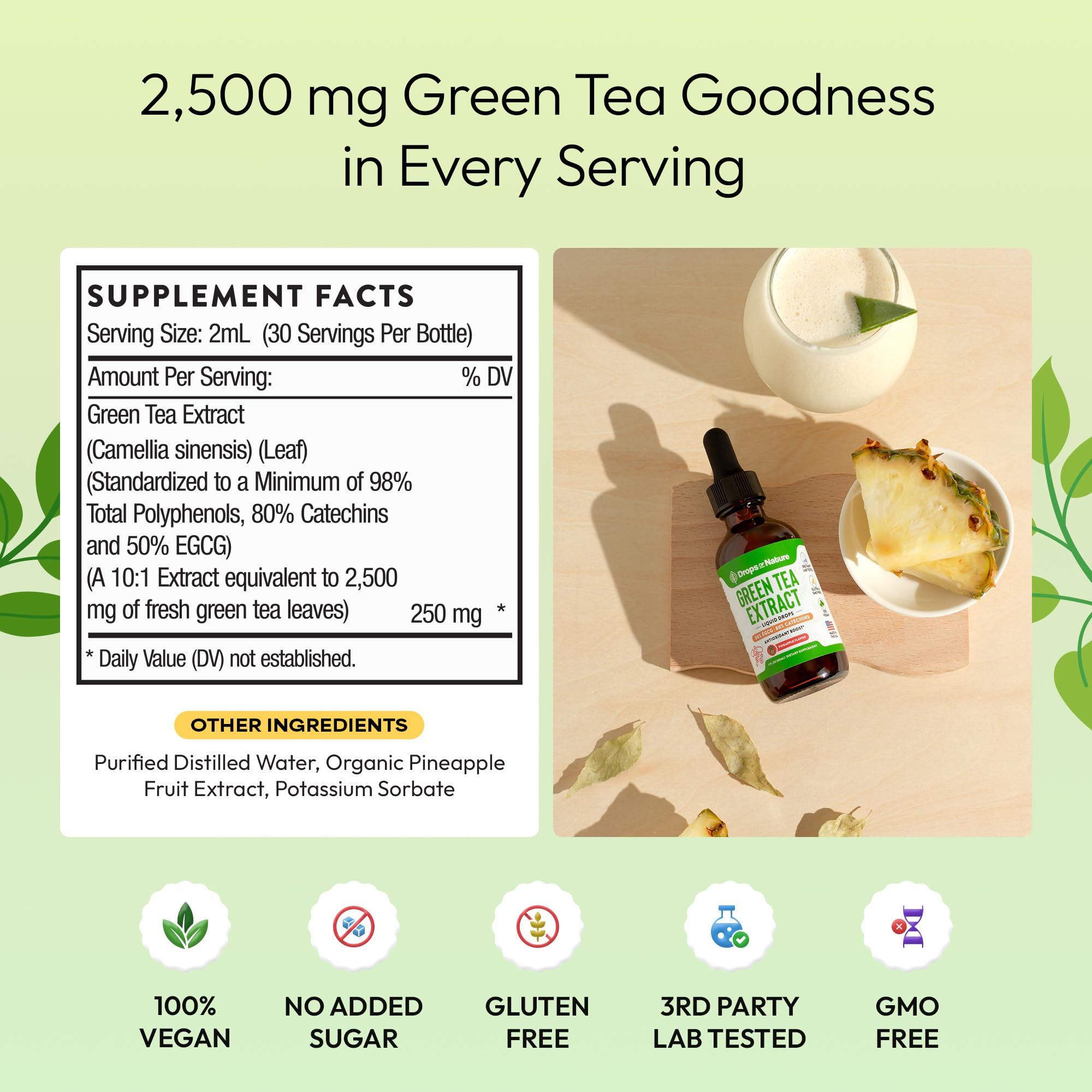 Drops Of Nature Green Tea Liquid Drops packaging box shows vegan, antioxidant-rich formula