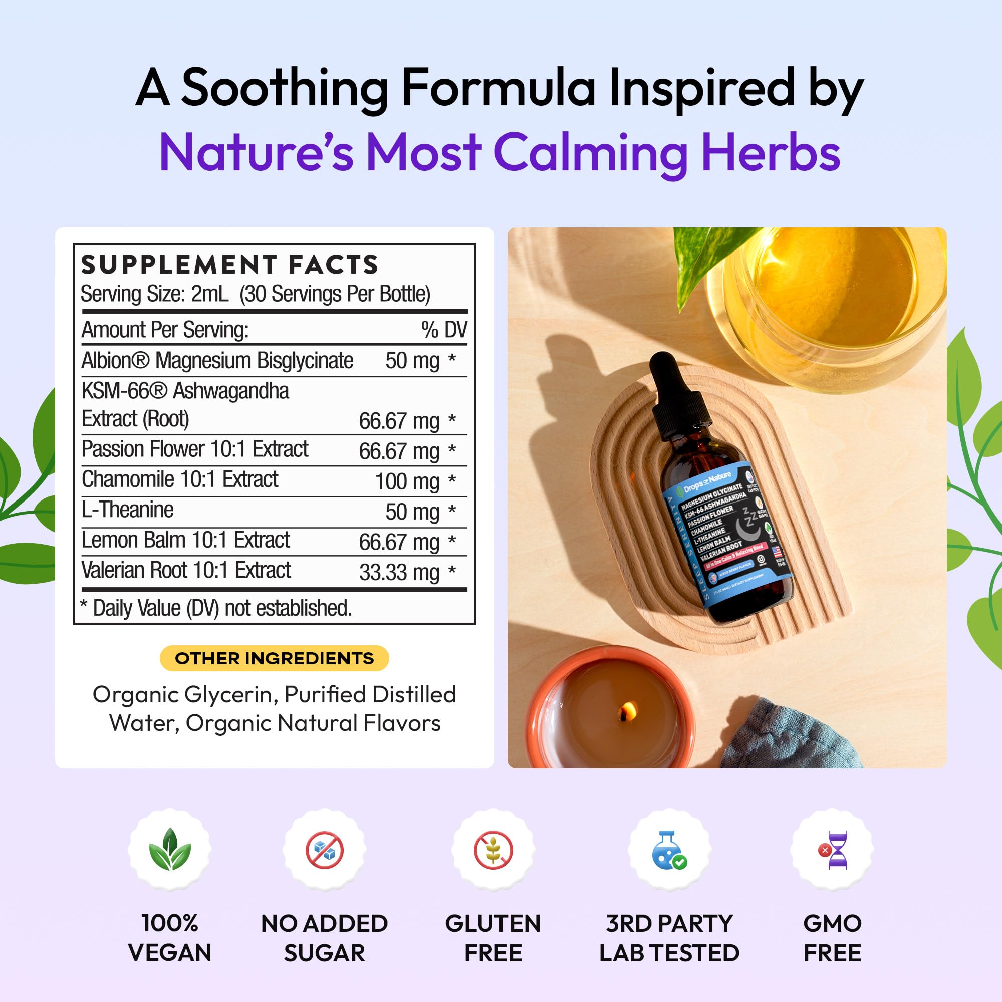 Herbal blend with valerian and chamomile in Drops Of Nature formulation.