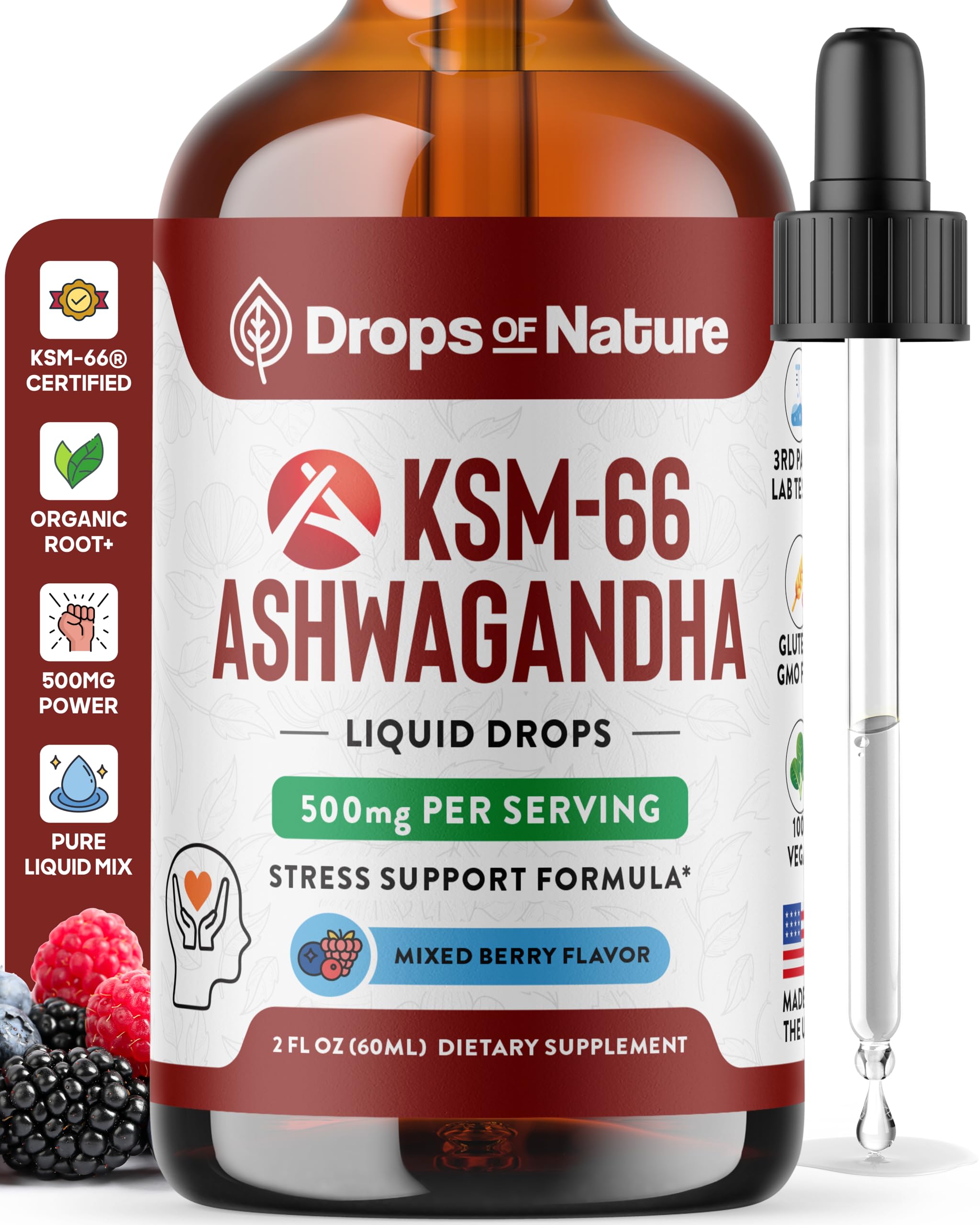 Drops Of Nature KSM-66 Ashwagandha Drops, botella vertido, para uso diario.