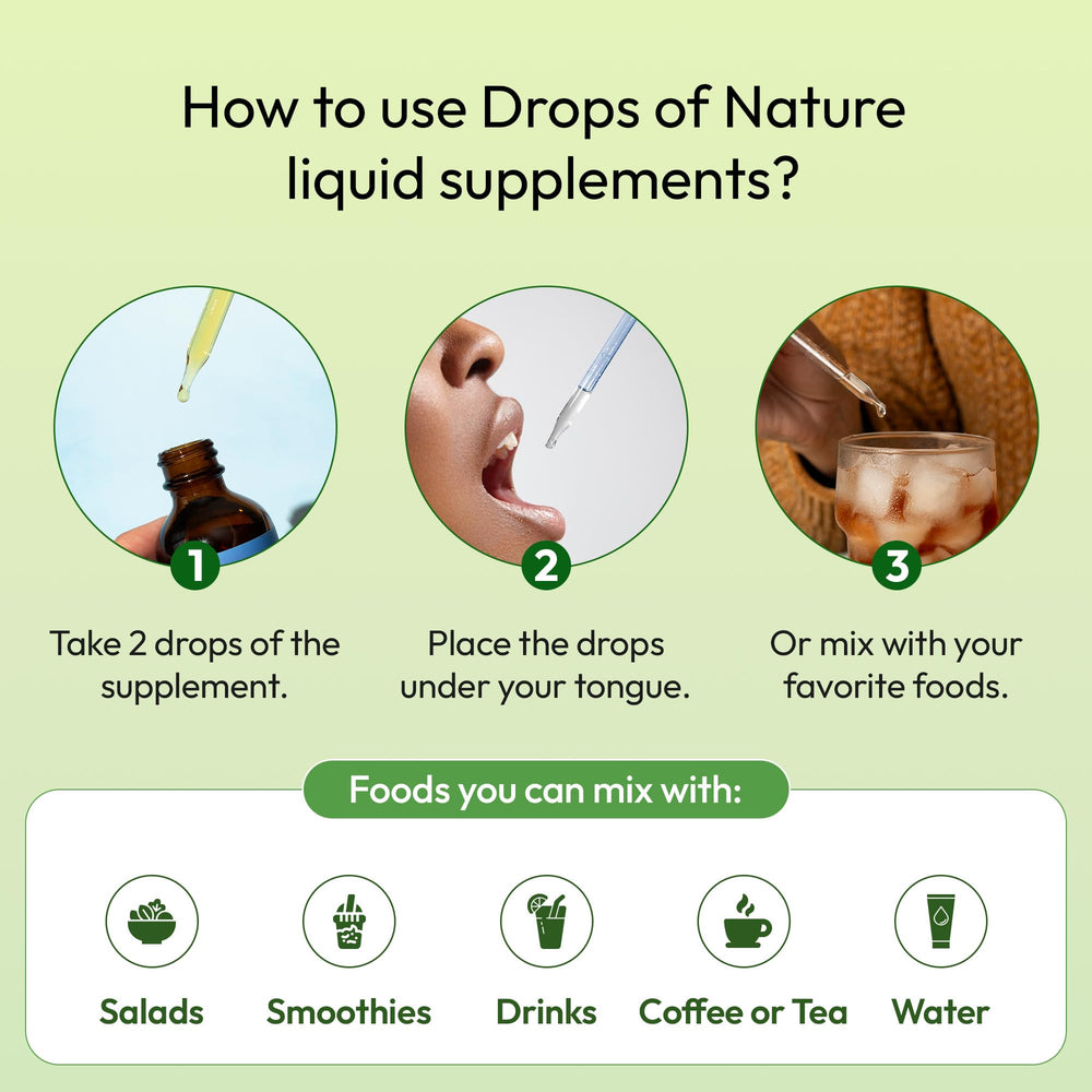 Lab-tested formula badge on Drops Of Nature bottle.