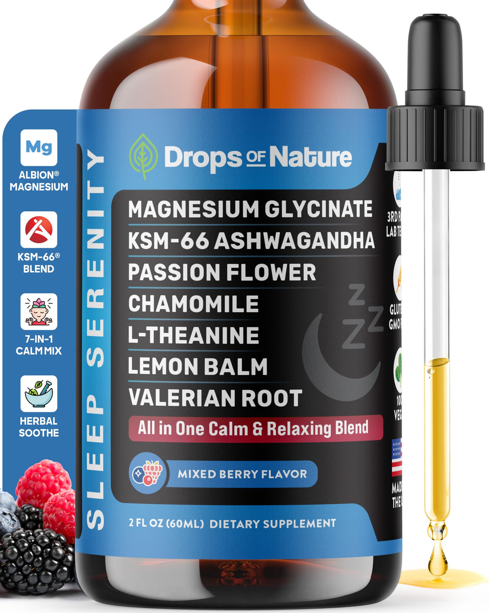 Drops Of Nature magnesium glycinate and ashwagandha drops bottle for nighttime calm.
