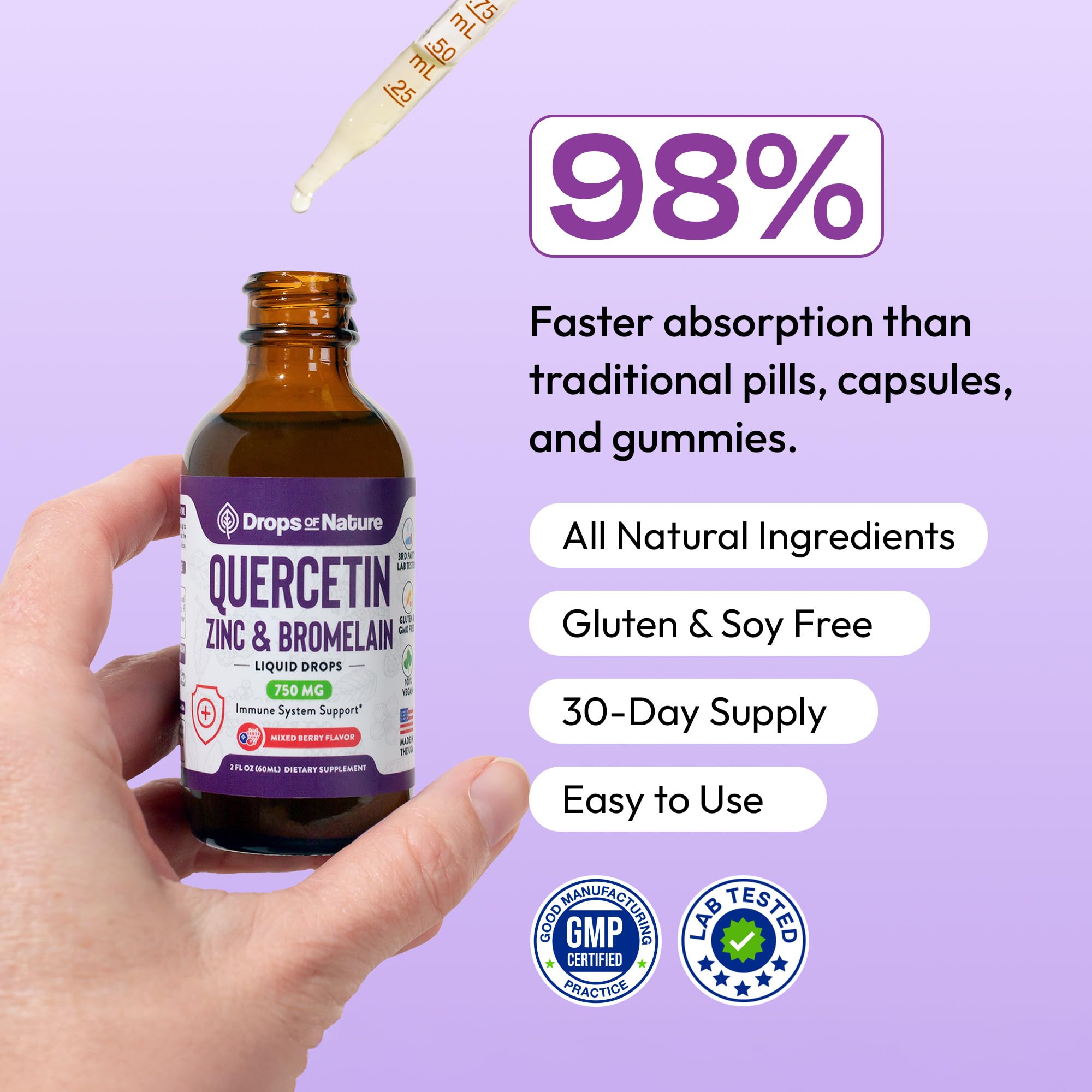 Drops Of Nature mixed-berry flavor drops bottle highlighting tasty immune support.