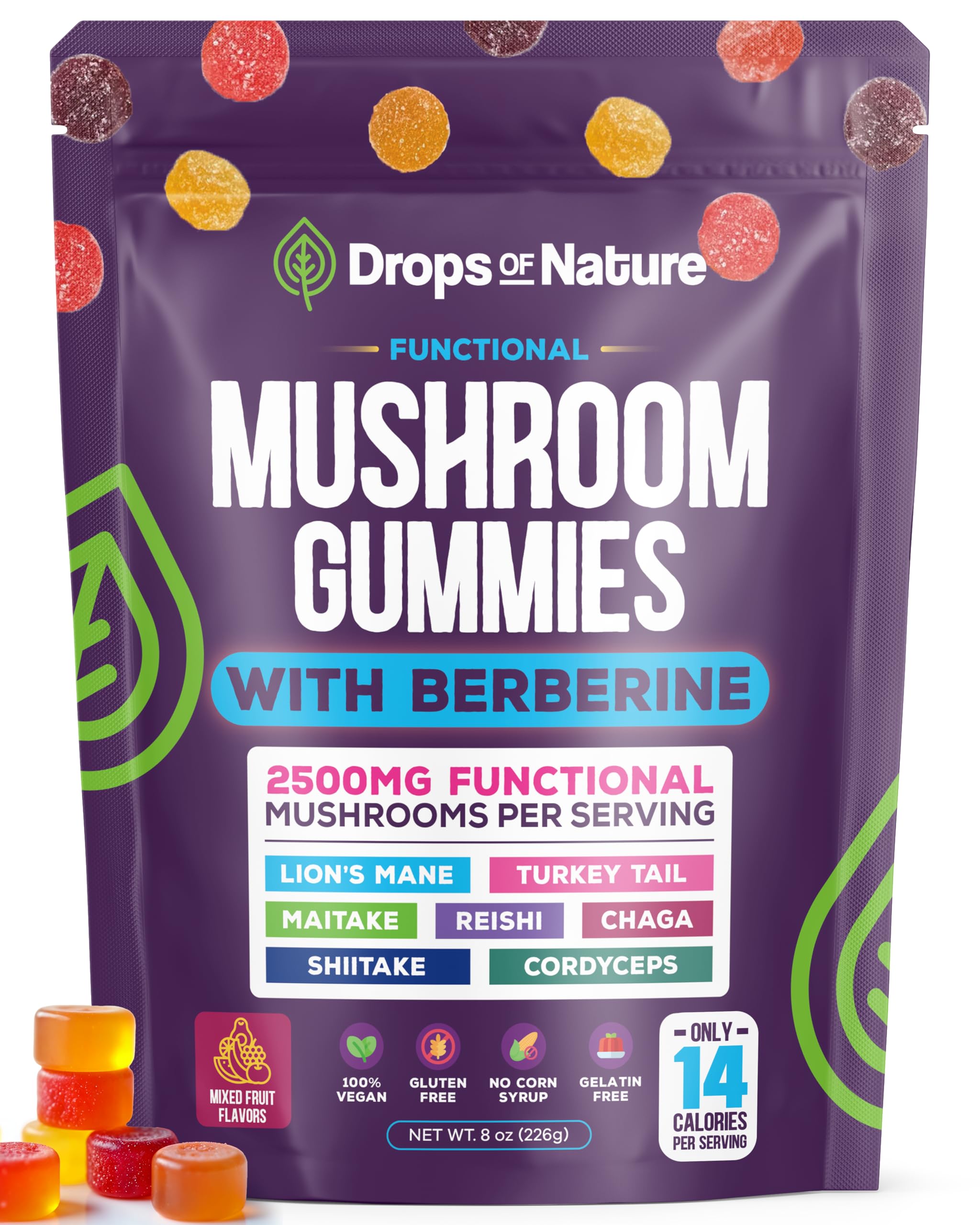 Drops Of Nature Mushroom Gummies bottle front for daily wellness support.