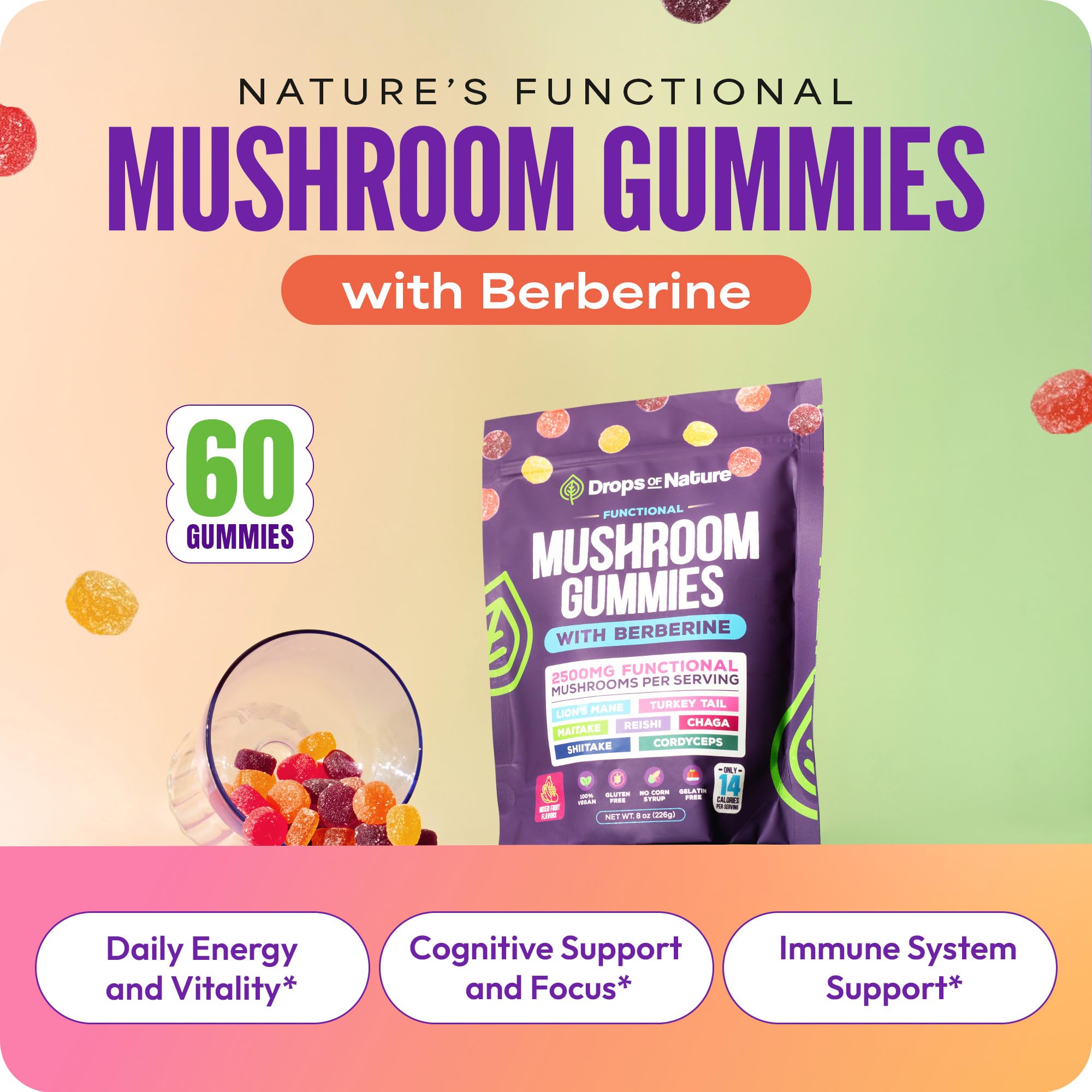 Drops Of Nature mushroom gummies bottle pour shows easy daily serving.