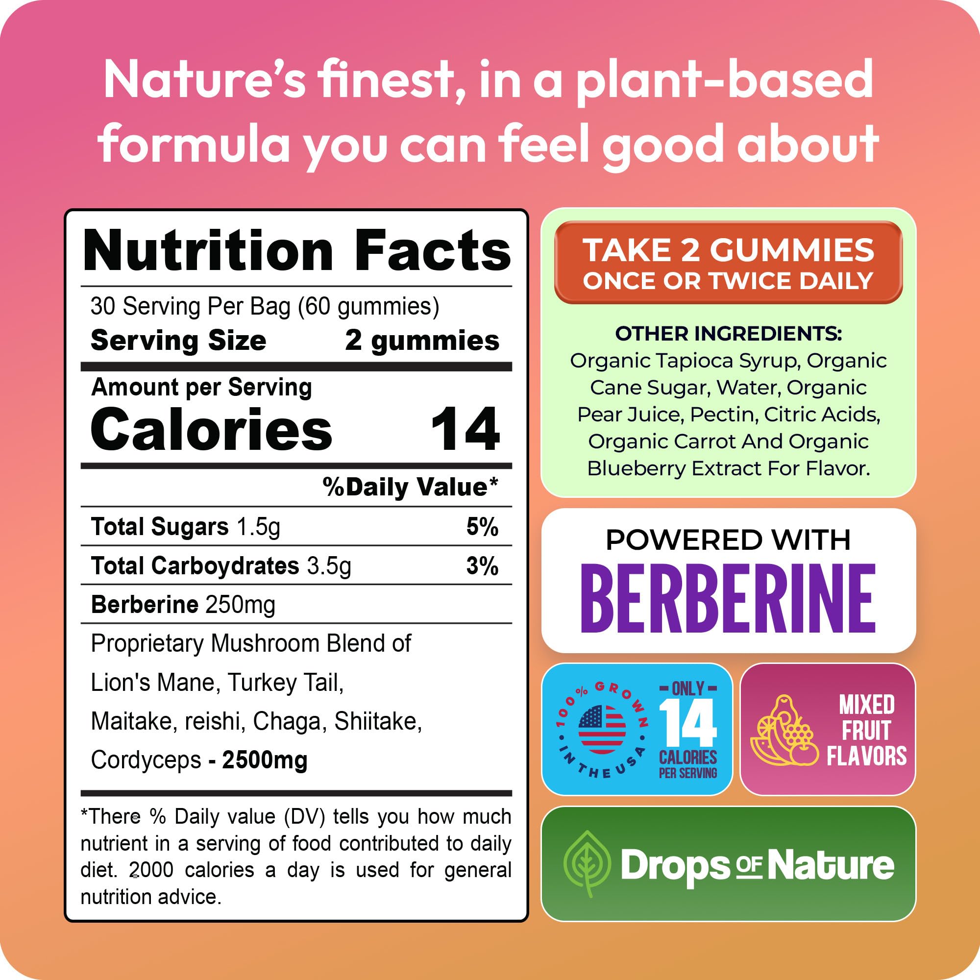 Drops Of Nature vegan symbol on packaging emphasizes gelatin-free formula.