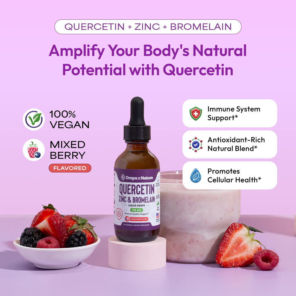 Drops Of Nature Quercetin liquid drops measuring cup close-up for precise dosing.