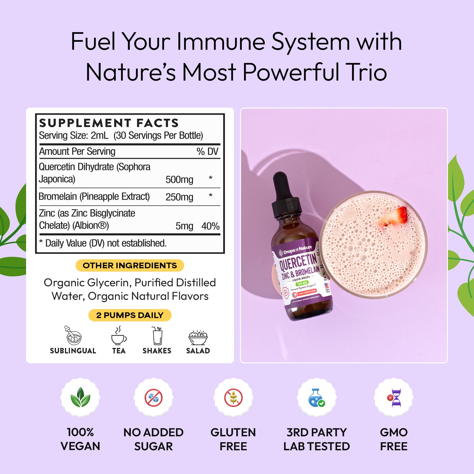 Drops Of Nature vegan non-gmo gluten-free label on bottle clarifies dietary compatibility.