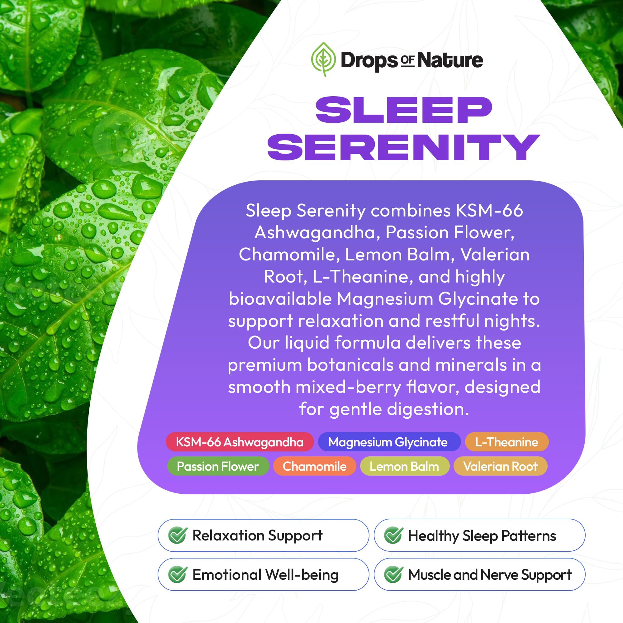 Vegan-friendly Drops Of Nature symbol beside bottle.
