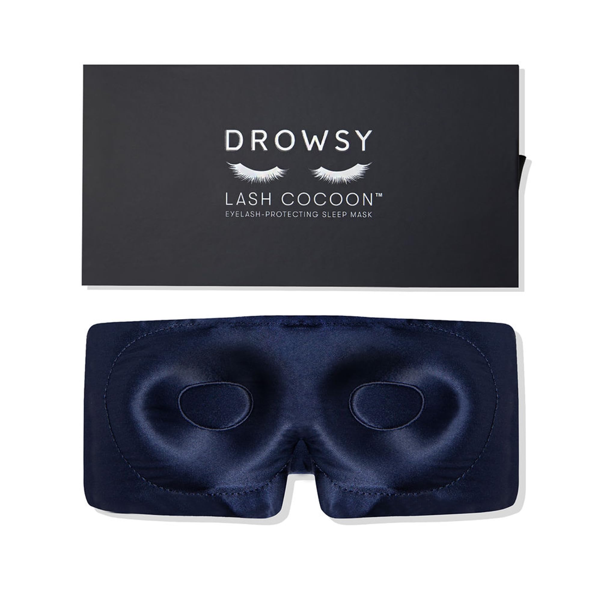 DROWSY eyelash-protecting silk sleep mask in midnight blue for gentle lash protection