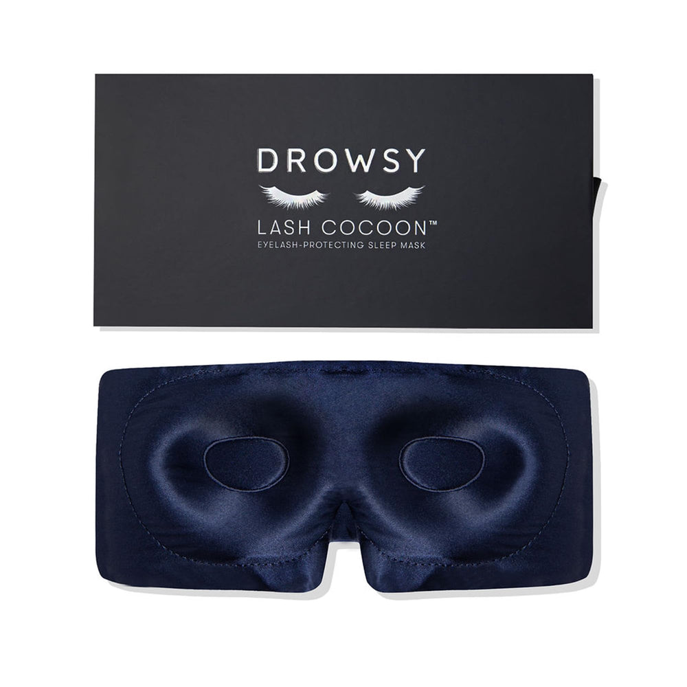 DROWSY eyelash-protecting silk sleep mask in midnight blue for gentle lash protection