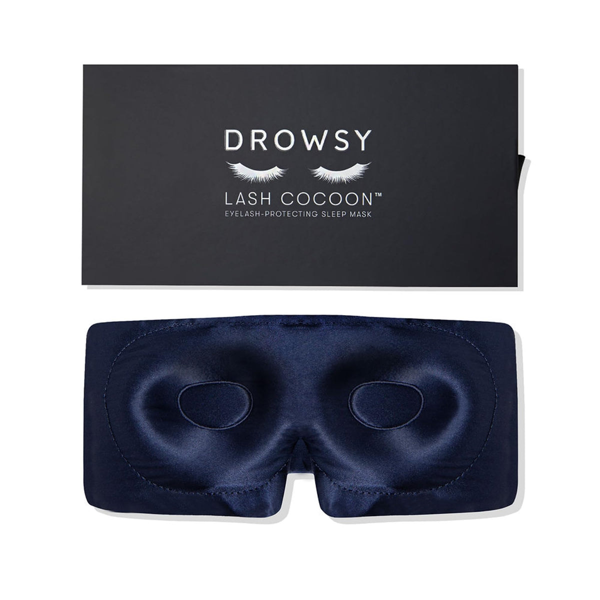 DROWSY eyelash-protecting silk sleep mask in midnight blue for gentle lash protection
