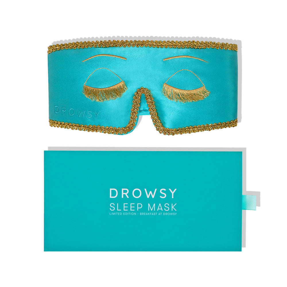 Drowsy turquoise mask with gold embroidery ideal for travel.