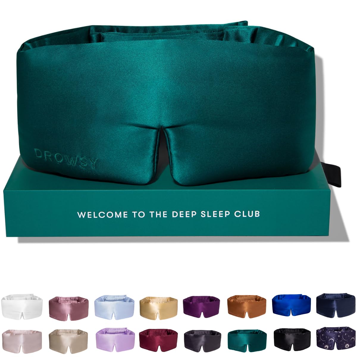 Drowsy silk sleep mask hugs the face for total darkness and luxurious comfort.
