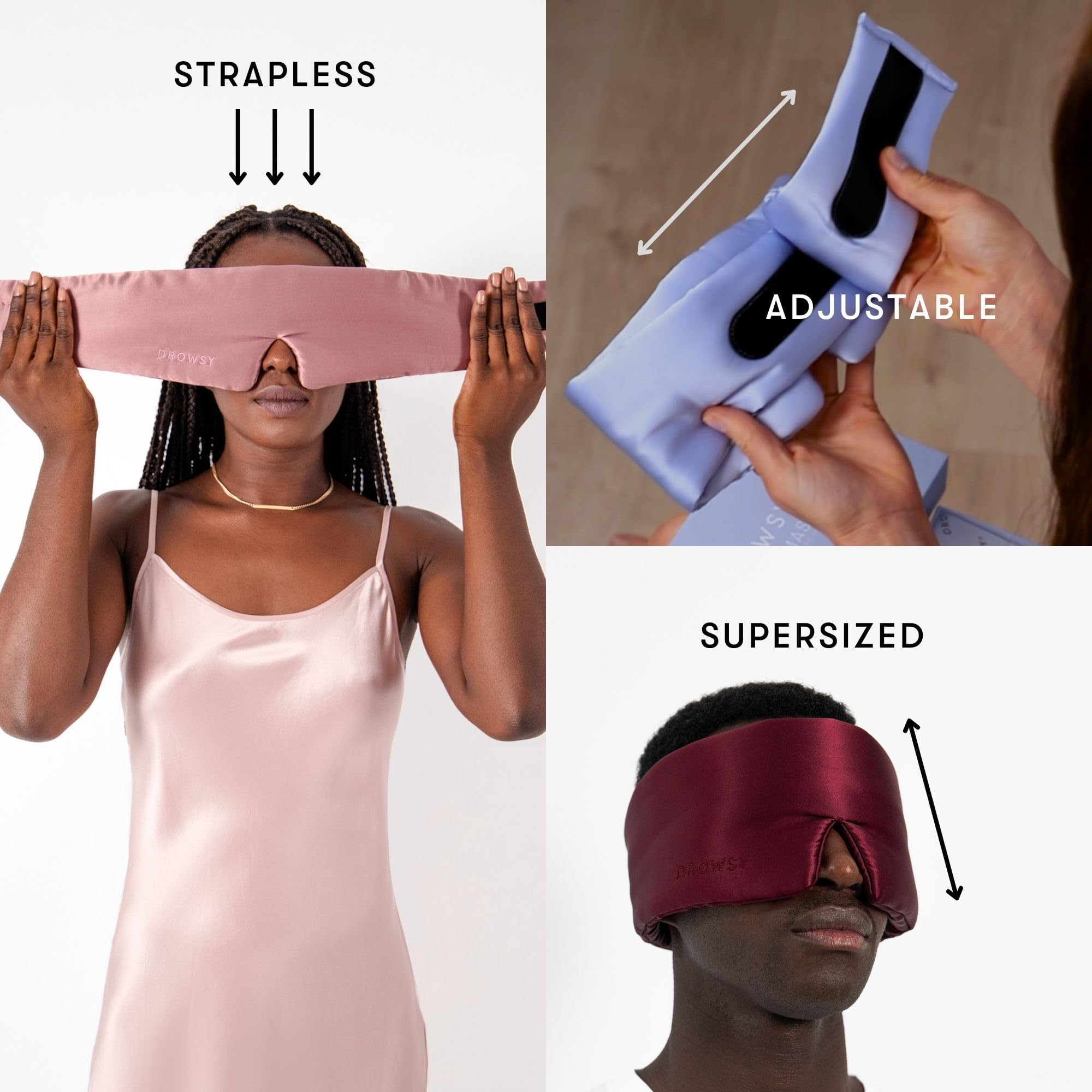 DROWSY Silk Sleep Mask protects skin and hair from friction.