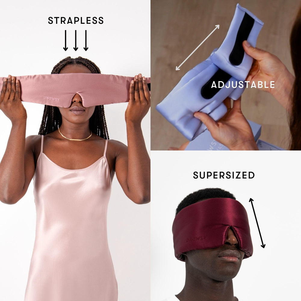 DROWSY Silk Sleep Mask protects skin and hair from friction.