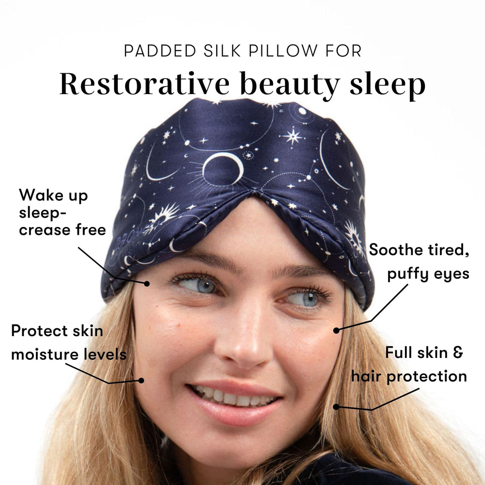 Drowsy Silk Sleep Mask features blackout liner for uninterrupted darkness.