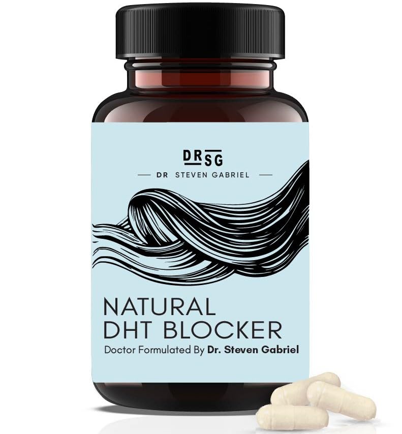 DrSG DHT Blocker bottle promotes doctor-formulated support for fuller-looking hair.