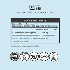 DrSG DHT Blocker ingredients panel highlights Saw Palmetto and pumpkin seed blend for follicle support.