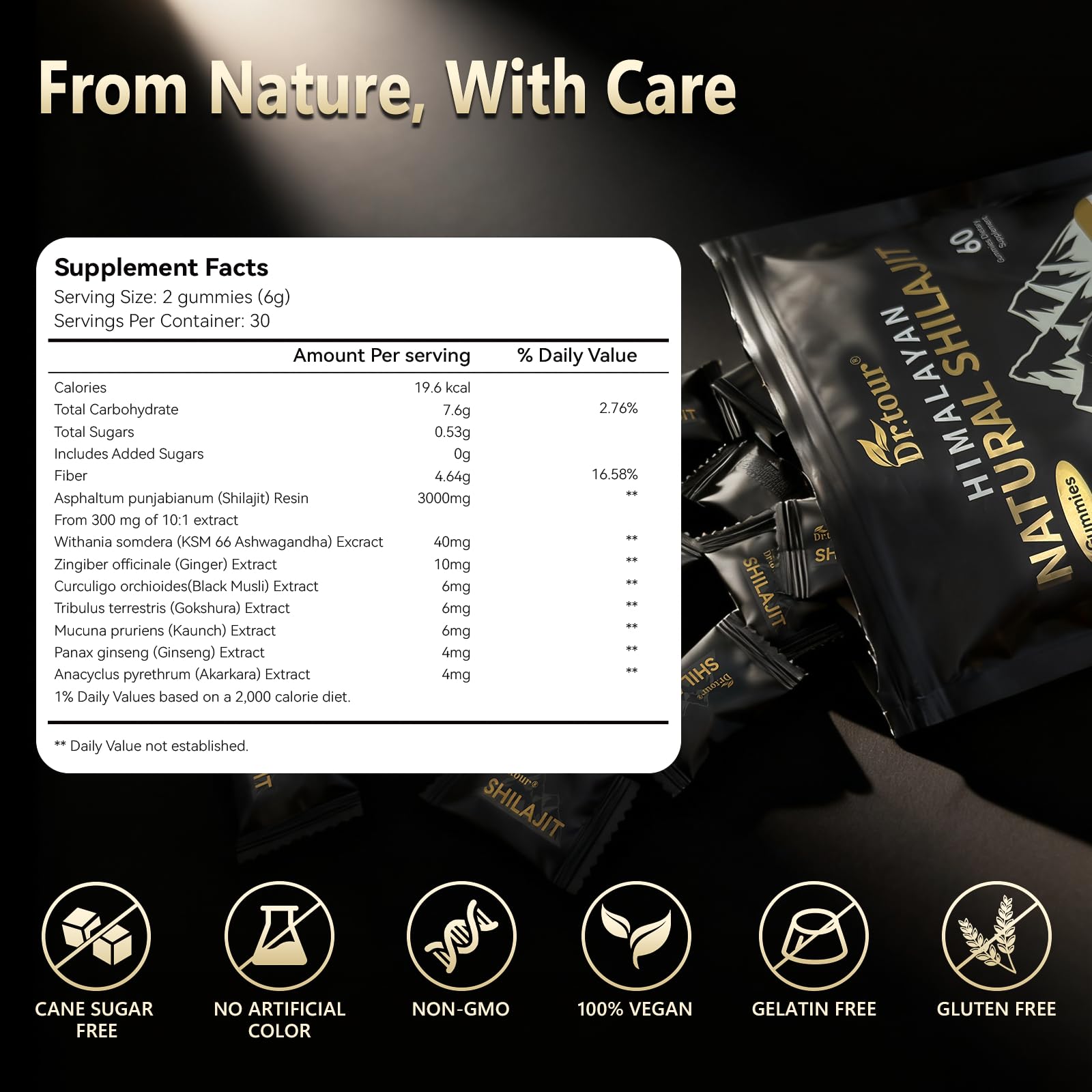 Dr.tour Vegan, Non-GMO, Sugar-free gummies with clean ingredients.