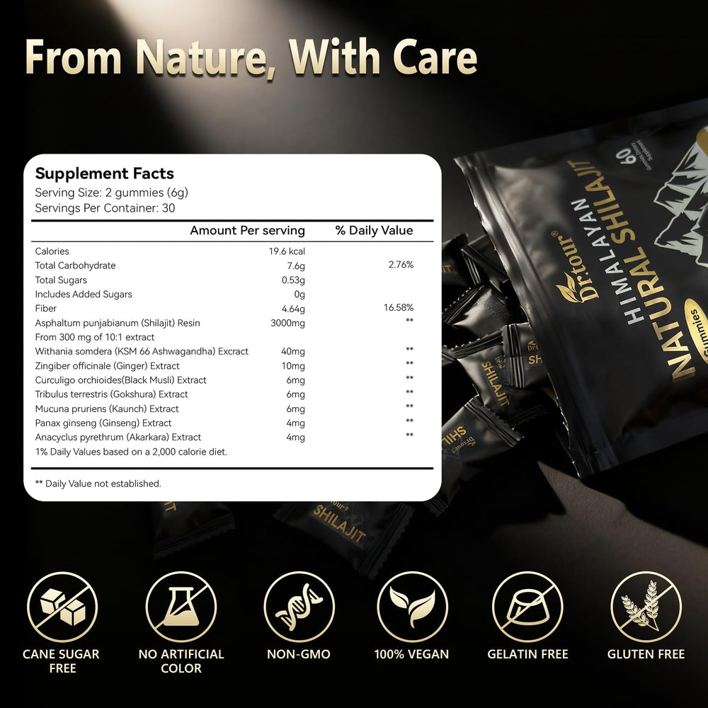 Dr.tour Vegan, Non-GMO, Sugar-free gummies with clean ingredients.