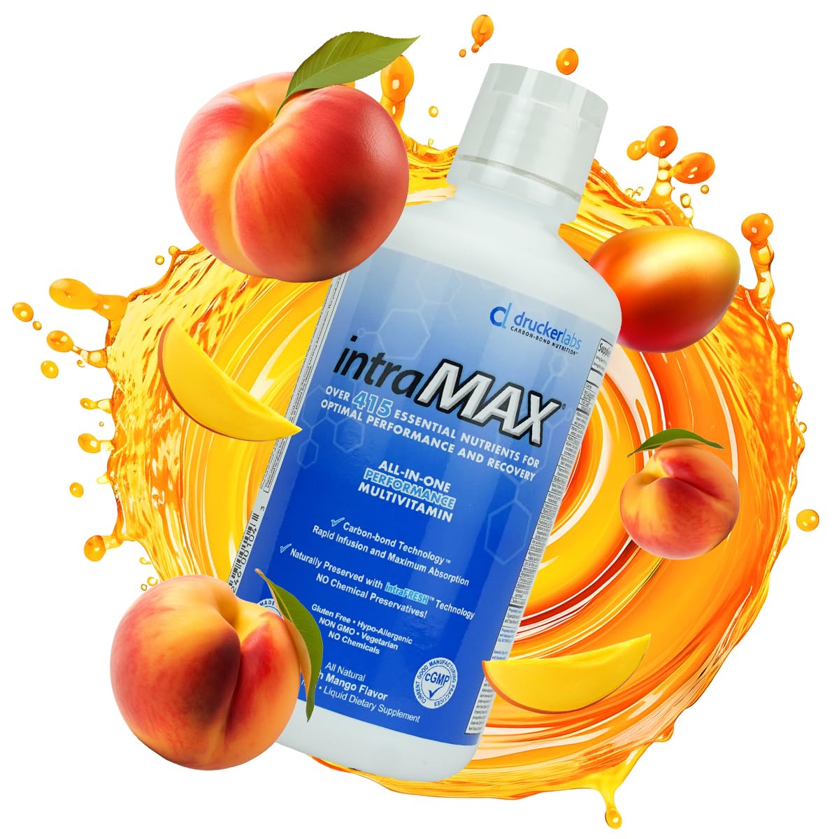 Drucker Labs intraMAX nutrient illustration highlights 415+ organically-bound ingredients.