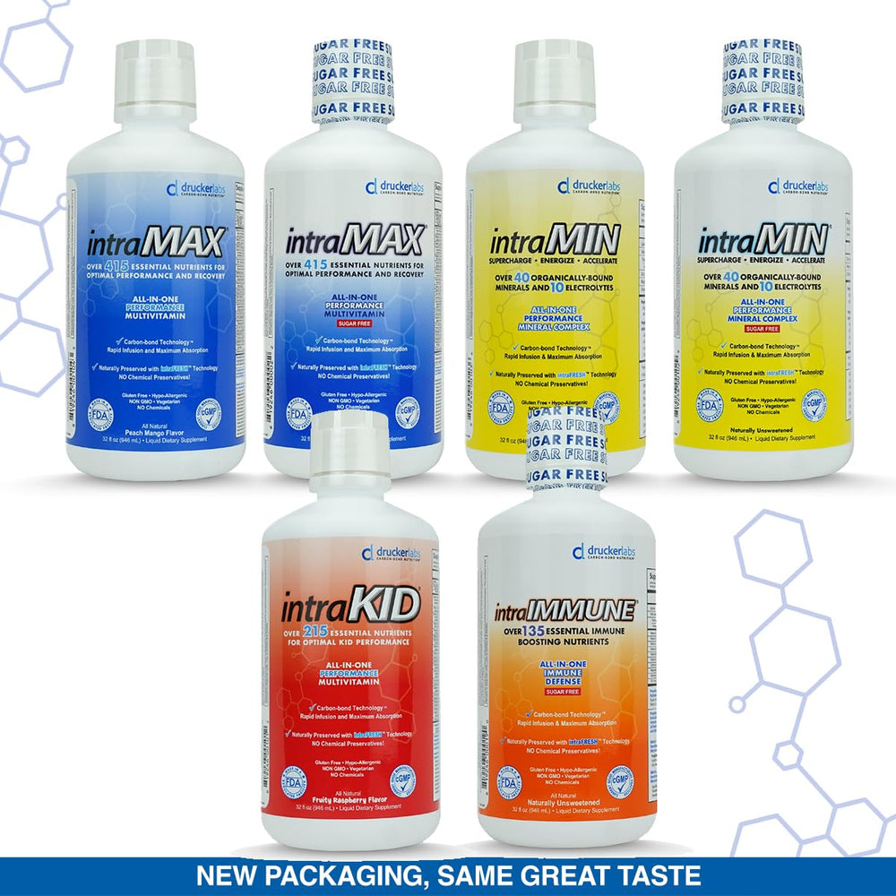 Drucker Labs intraMAX bottle angle highlighting convenient liquid multivitamin for on-the-go use.
