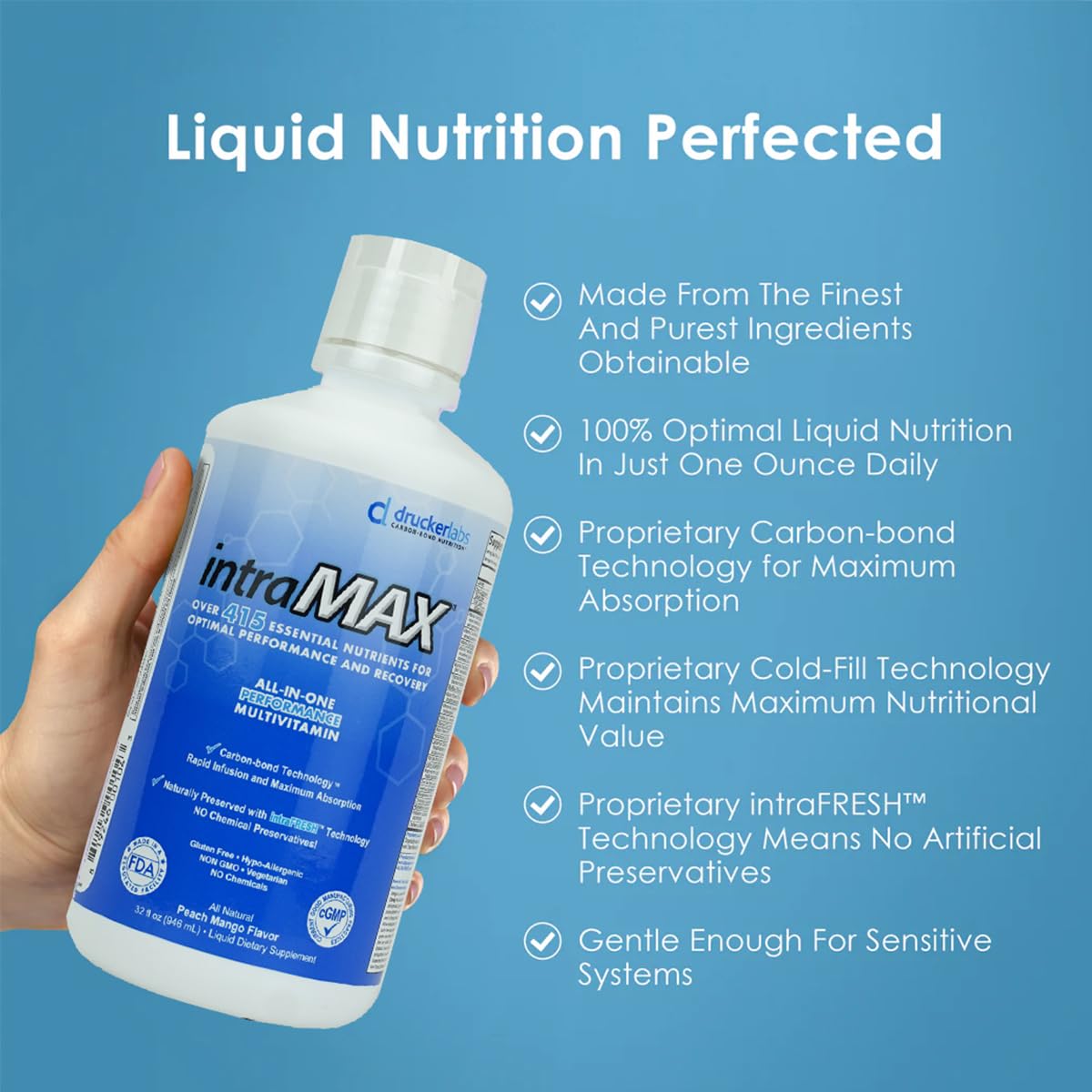 Drucker Labs intraMAX packaging shot communicates natural, preservative-free formulation in peach mango.