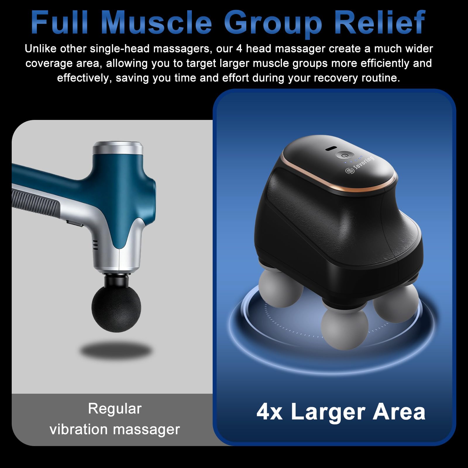DS SAVORING 4 Head Massage Gun attachments close-up with ball head, flat head, and bullet head