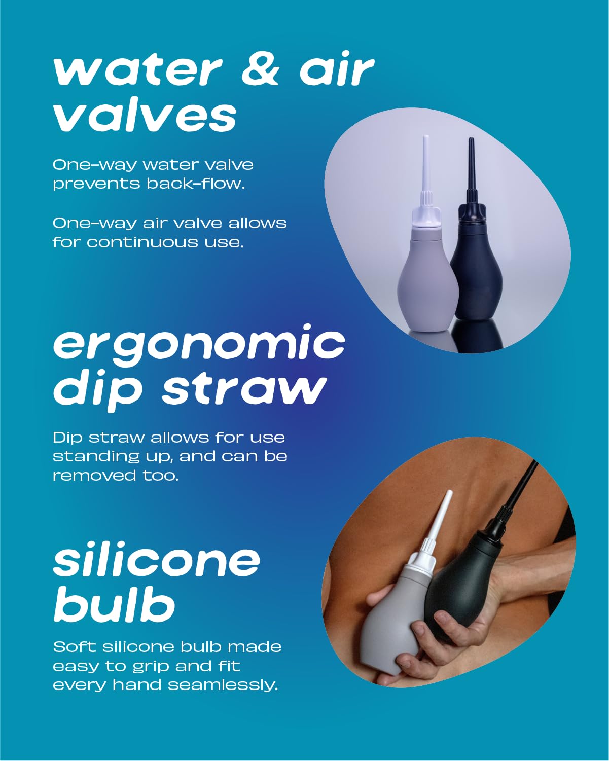 Du Silicone Anal Enema Kit features one-way valve to prevent back-flow.
