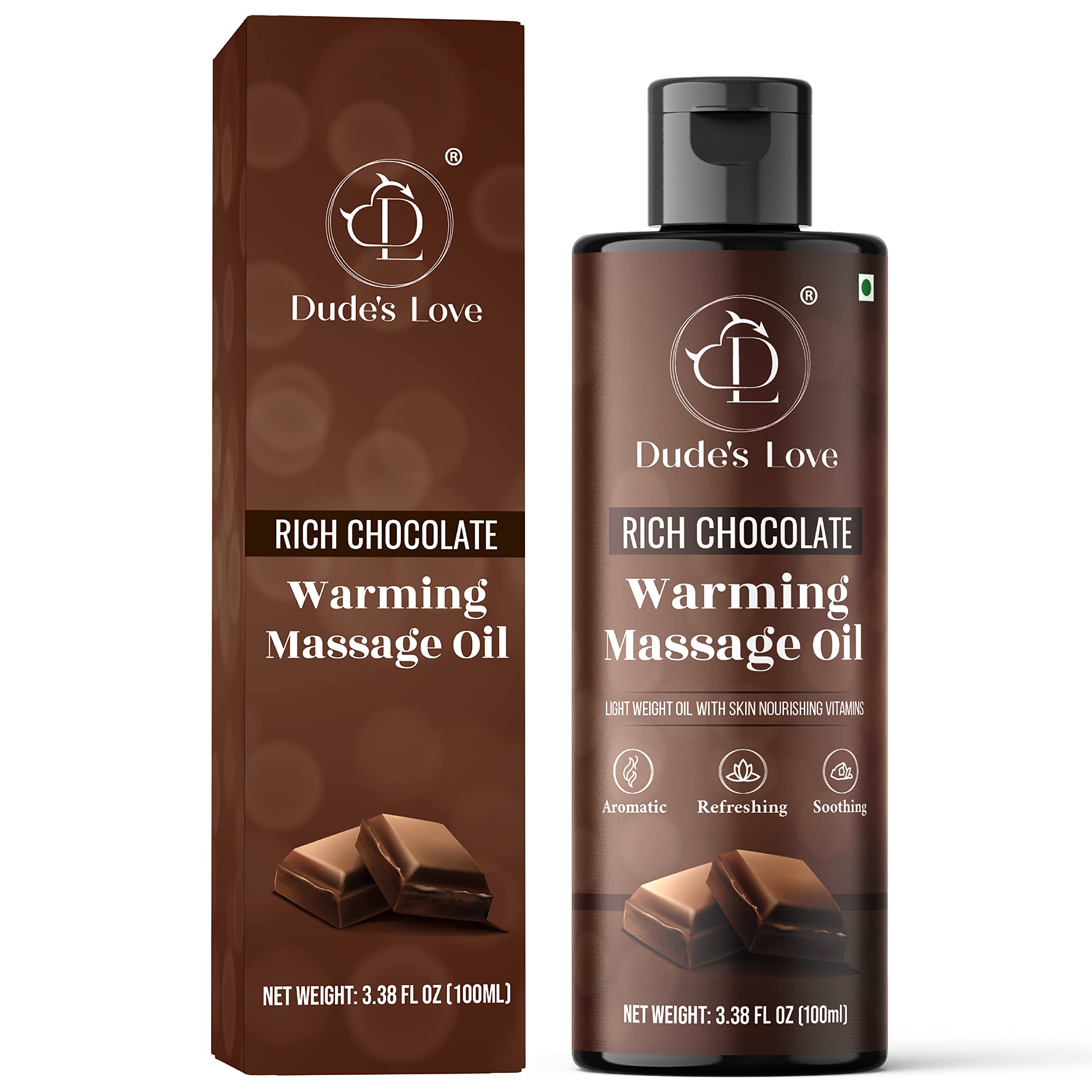 Dude's Love Chocolate warming massage oil bottle with rich moisture for soft skin.