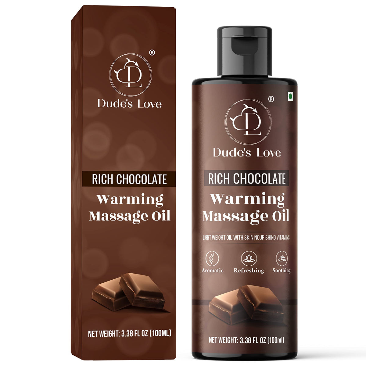 Dude's Love Chocolate warming massage oil bottle with rich moisture for soft skin.