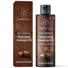 Dude's Love Chocolate warming massage oil bottle with rich moisture for soft skin.