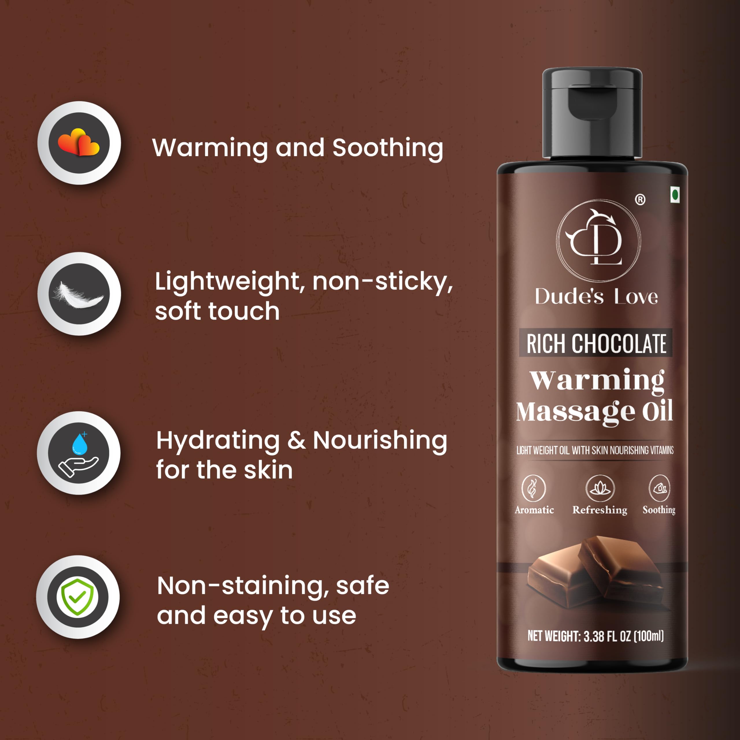Texture close-up showing the lightweight, non-sticky feel of Dude's Love massage oil.