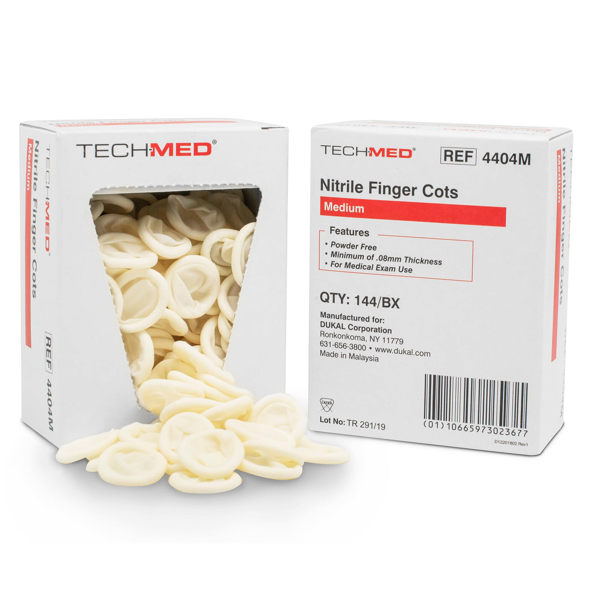 Dukal 4404M finger cot, nitrile, medium, front view for exam protection.