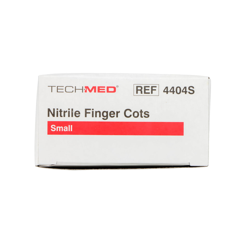 Close-up of Dukal 4404S small nitrile finger cot for precise coverage