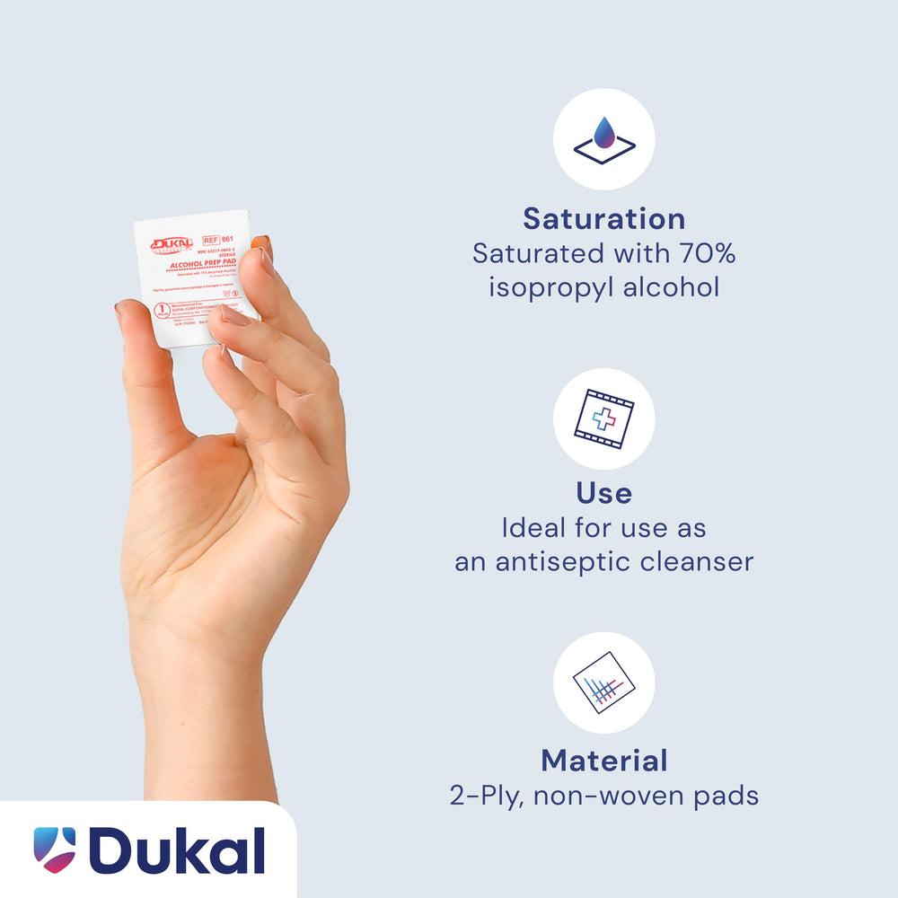 Dukal 70% isopropyl alcohol pad for rapid surface cleaning on the go.