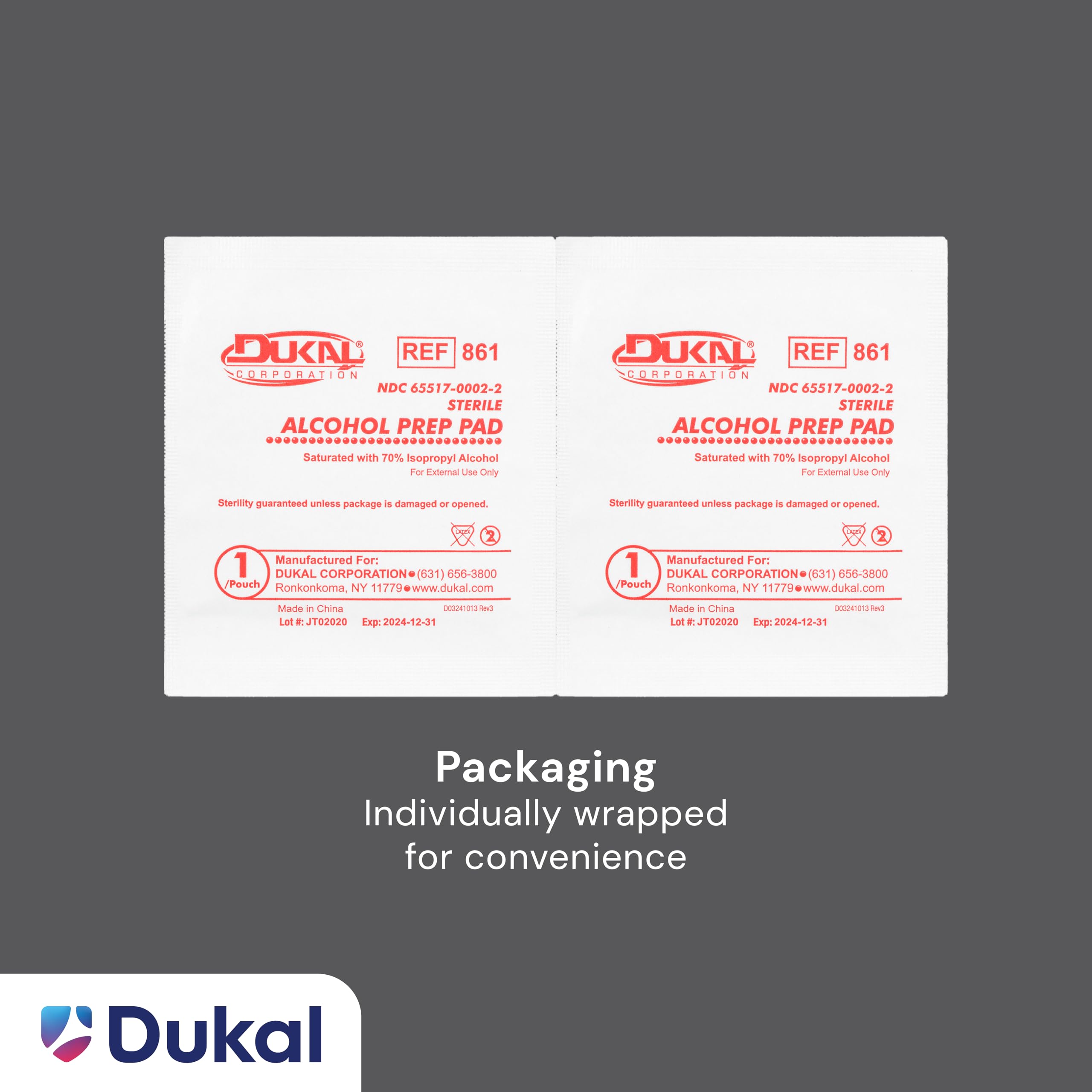 Dukal box of 100 alcohol pads sealed and ready for everyday use.