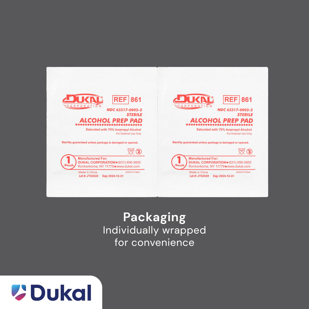 Dukal box of 100 alcohol pads sealed and ready for everyday use.