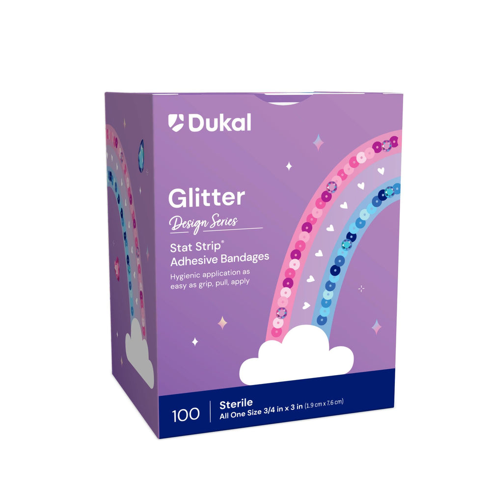 Dukal Design Series glitter bandages box front shows kid friendly designs