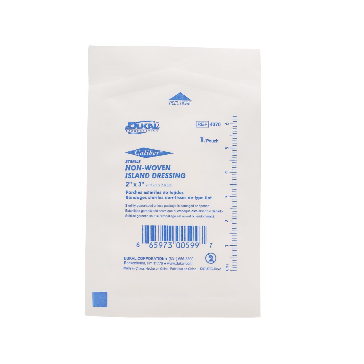 Dukal island dressing 2x3 showing sterile label and compact design